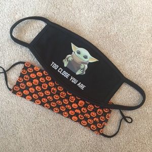 🍒🍒🍒 Two masks- orange pumpkins and “Too Close You Are”